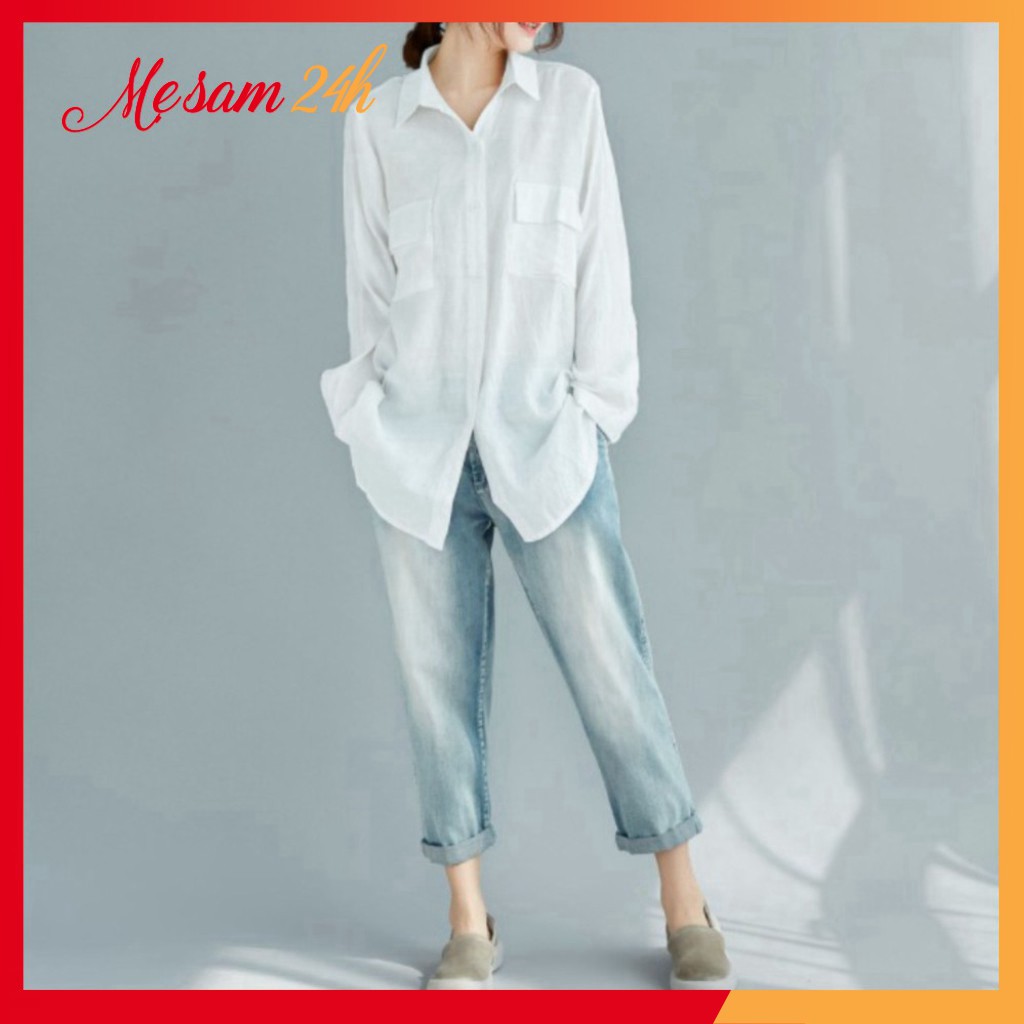 Áo sơ mi nữ dài tay form rộng, sơ mi đũi Mẹ Sam 24h, chất liệu mềm mát, size từ 40 đến 85kg SMH.47