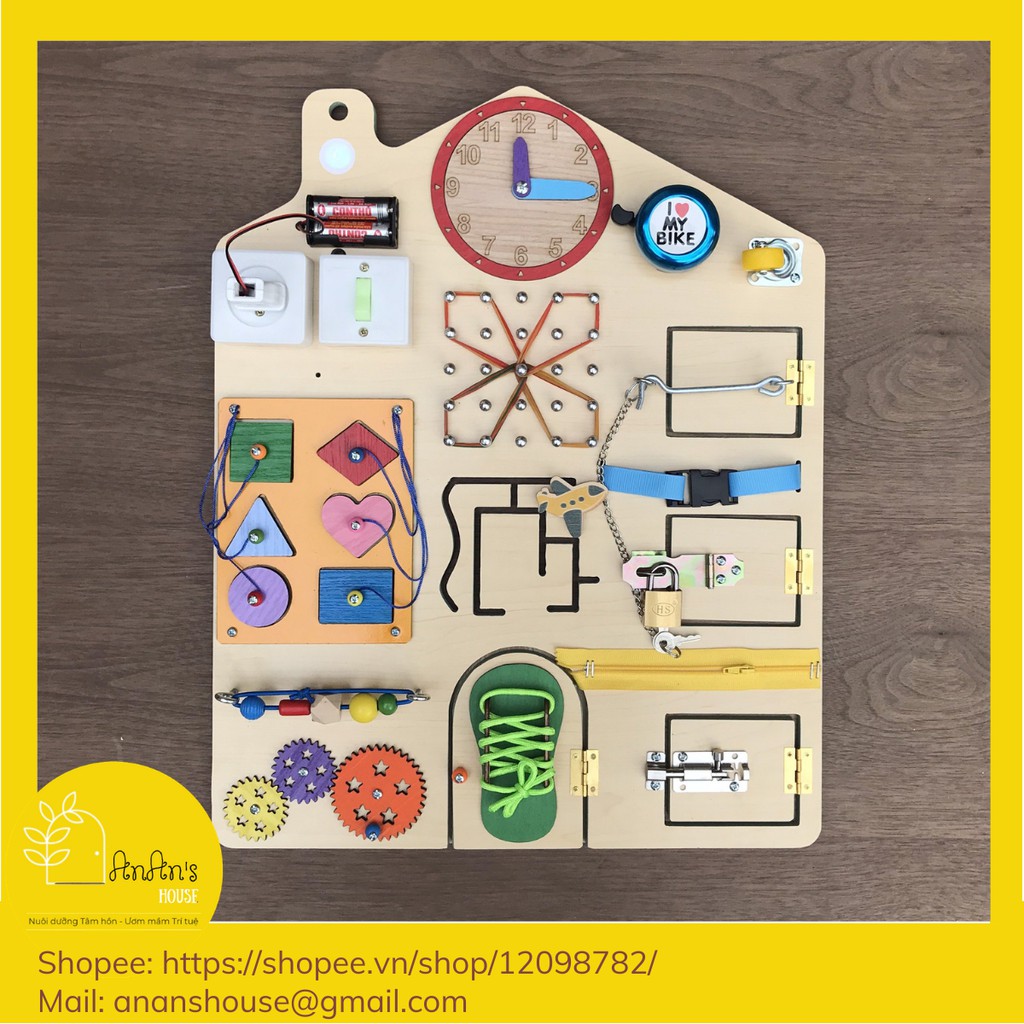 Busy board bảng bận rộn - Ngôi nhà HÌNH KHỐI - Gỗ MDF chống ẩm, mặt phủ nhựa chống nước