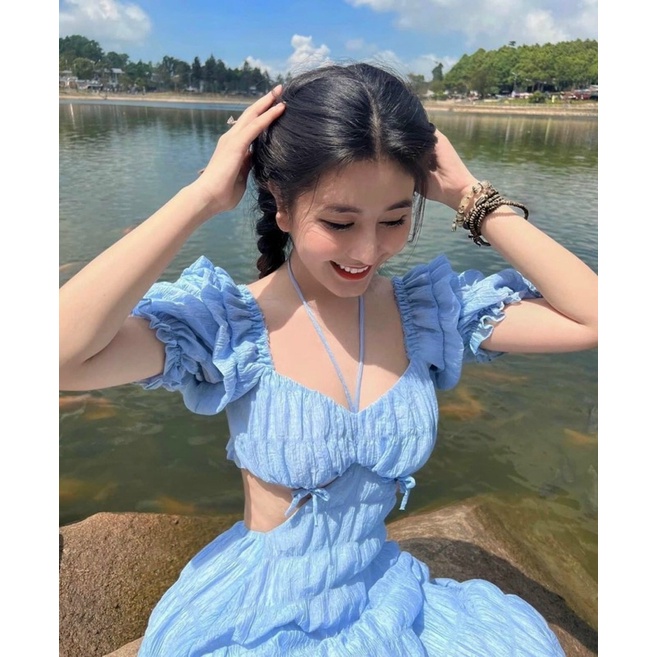 Đầm Maxi Cao Cấp Nữ Đi Biển cổ yếm cột dây 🔥FREESHIP 🔥Váy Đũi Xòe Hở Eo Bo Chun Tay Phồng Dáng Dài Bèo Vải Đũi Xốp