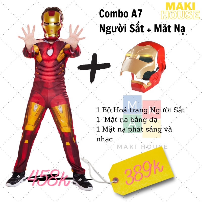 Quần áo người nhện siêu nhân hoá trang trẻ em halloween Maki combo Người Sắt.A7