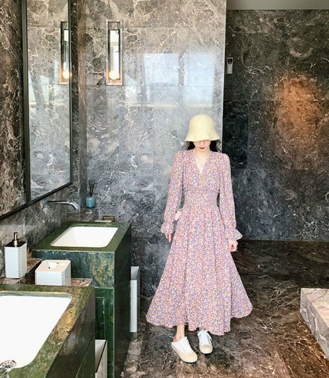 Đầm chiffon tay dài in họa tiết hoa cúc phong cách Hàn Quốc thanh lịch