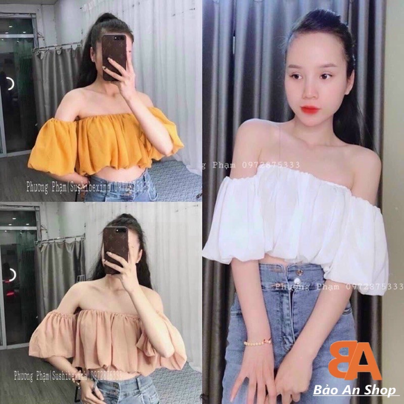 Áo croptop bí kiểu nữ chất vải kate lụa bệt vai bo eo