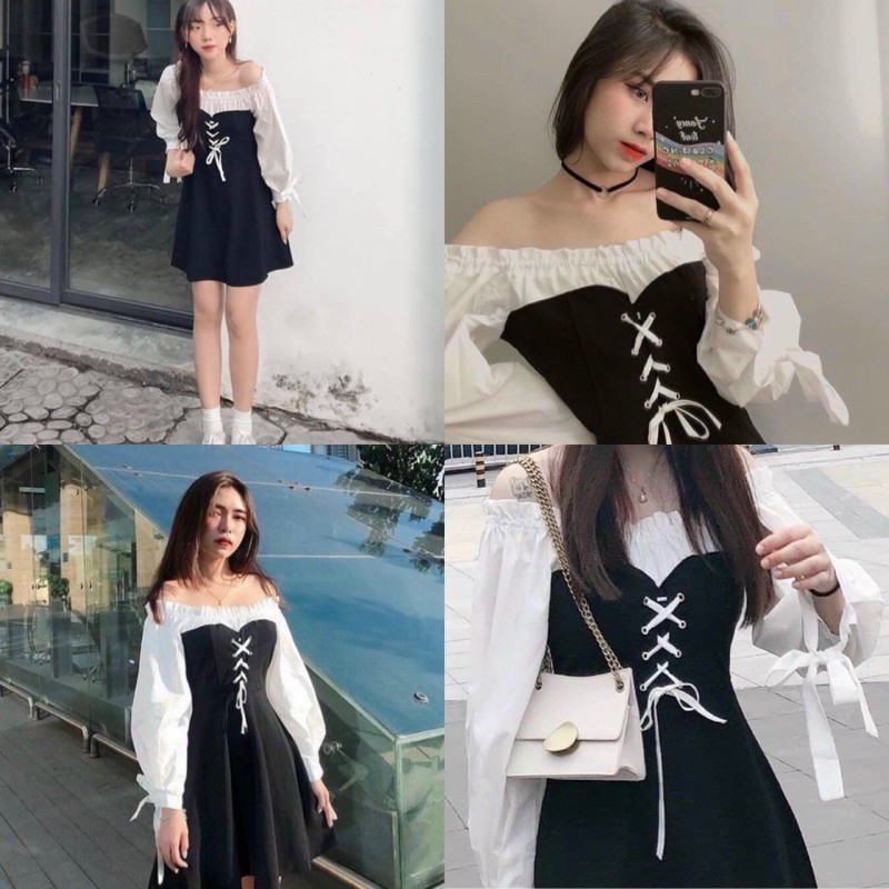 Đầm Xinh FERI DRESS trễ vai thiết kế tinh tế phần ngực rút dây buộc nơ có bo chun co giãn xoè nhẹ ở đuôi