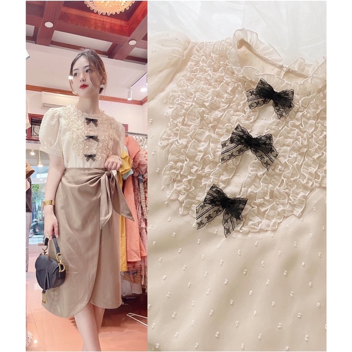 SET CÓ BÁN RỜI SƠ MI ĐÍNH 3 NƠ CHÂN VÁY NƠ