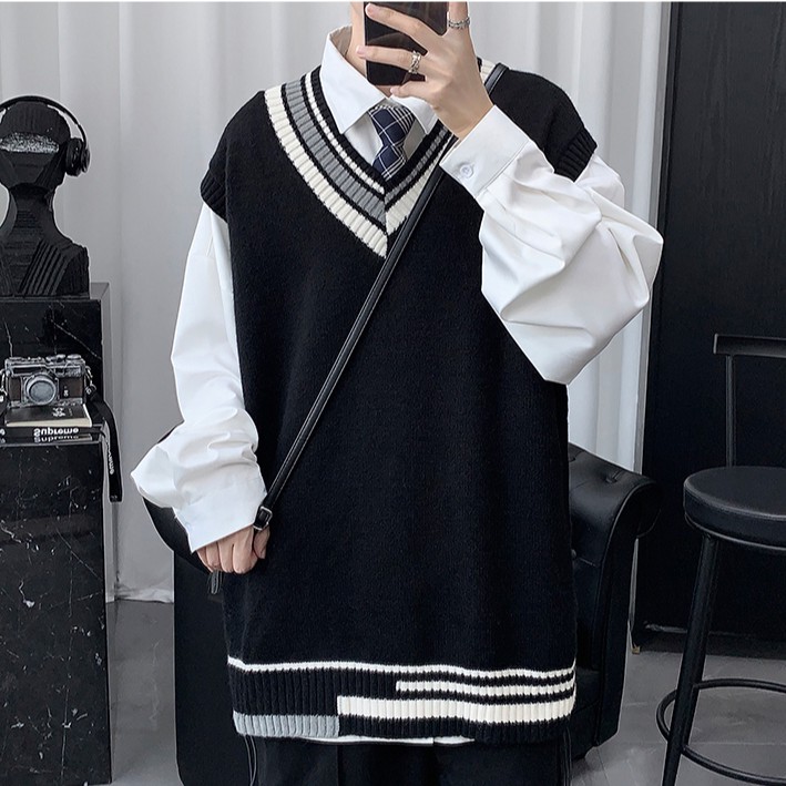 Áo sweater nam áo len không tay thiết kế đơn giản thời trang cho nam áo len kẻ áo thu đông nam áo sweater không tay đồ đông nam