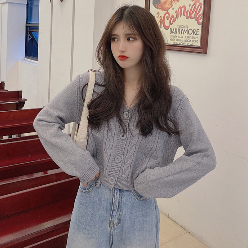 Áo sweater dệt kim dáng rộng cổ chữ V phong cách mùa thu đông duyên dáng dành cho nữ