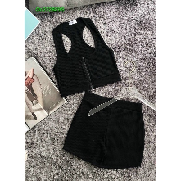 Sét bộ áo zip kéo &amp; quần đùi ôm lưng cao tập gym