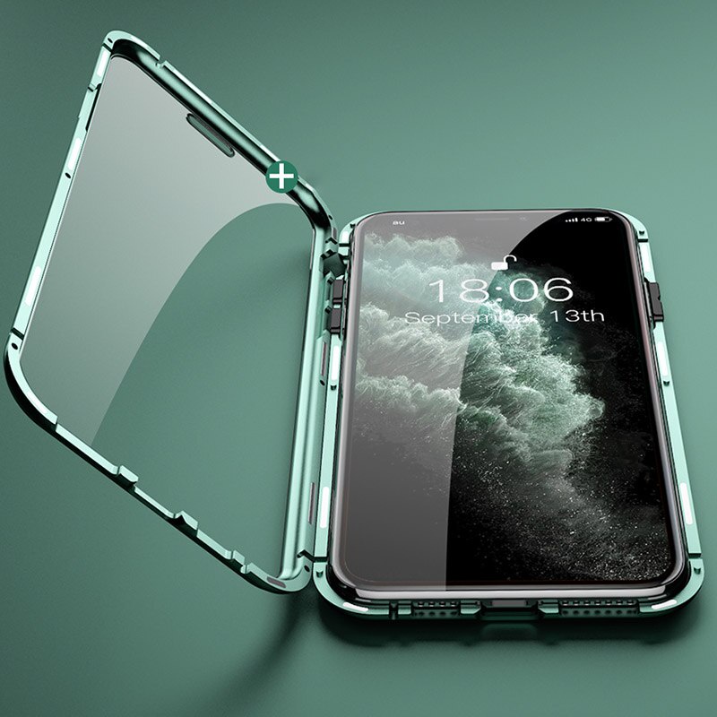Ốp điện thoại kính cường lực hai mặt viền kim loại nam châm 360 độ cho iPhone 7 8 Plus 6 Plus 6S Plus XS MAX XR 7 8 X XS 6 6S