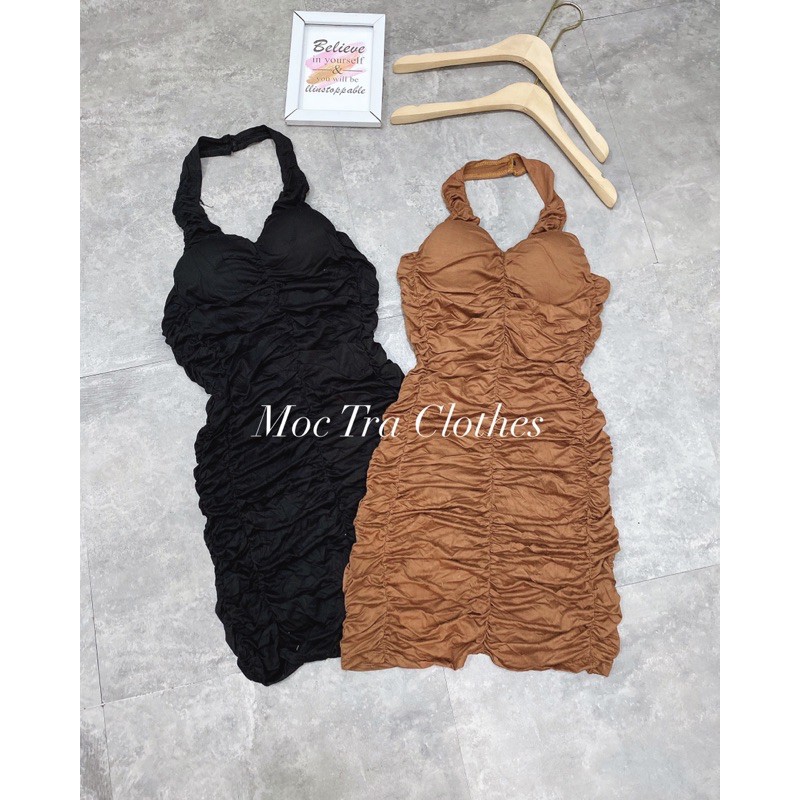 Đầm nâu CHIC DRESS thiết kế nhúm cổ yếm tiểu thư chất thun lạnh co dãn thích hợp dự tiệc đi dạo đi chơi