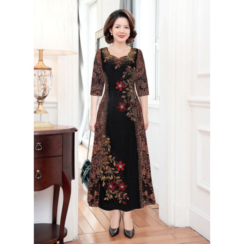 ĐẦM DẠ HỘI TRUNG NIÊN DỰ TIỆC BIGSIZE NHUNG ÁNH KIM CỔ VIỀN CAO CẤP