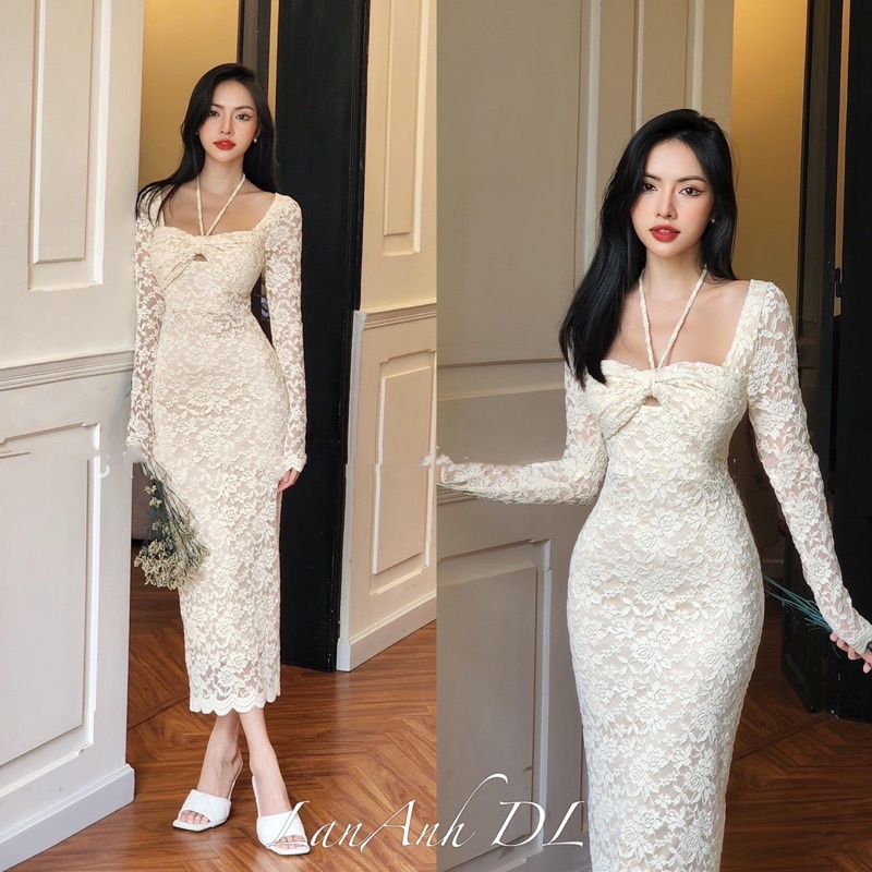 Váy body ren dài tay. chất liệu ren mềm mại với mặt vải hoa nổi chân viền ren