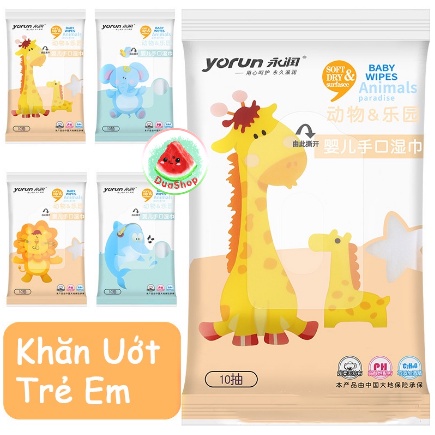Khăn Ướt An Toàn Cho Bé Yorun Gói 10 miếng | Khăn Ướt Bỏ Túi Tiện Dụng Không Mùi Không Cồn An Toàn Cho Da Duashop