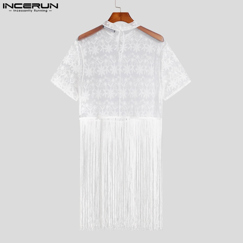 Áo thun INCERUN tay ngắn phối ren lưới nhìn xuyên qua thời trang mùa hè cho nam