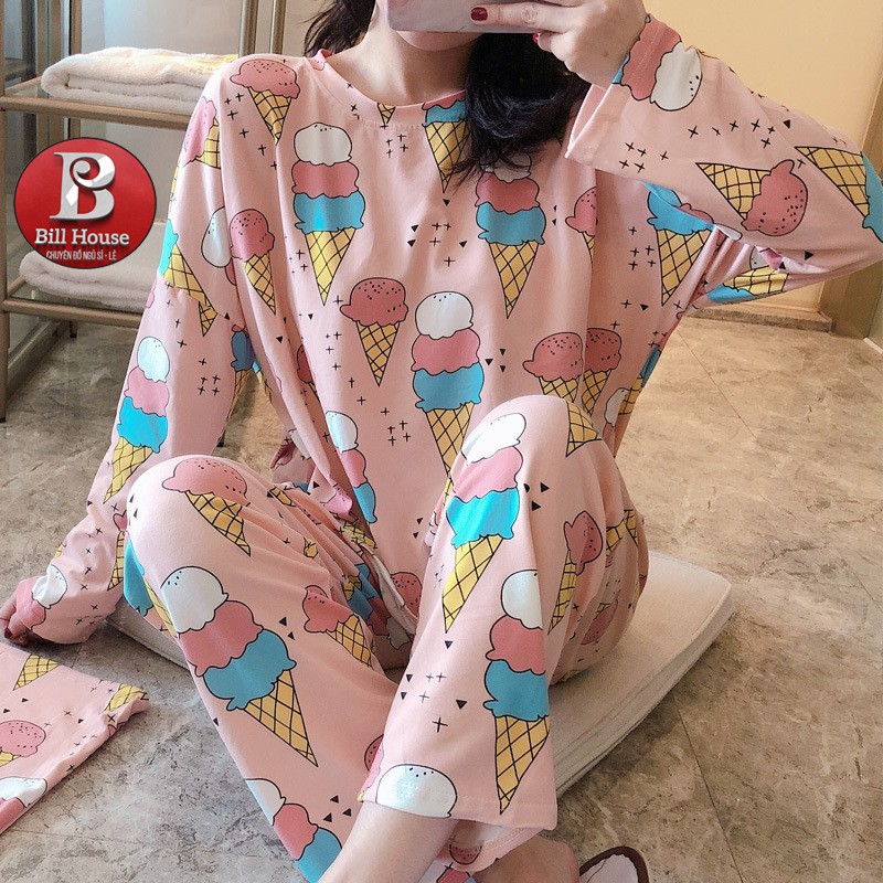 Đồ Bộ Nữ Tay Dài Quần Dài Hoạt Hình Thun Mềm Mịn,bộ mặc nhà thu đông in hình ngộ nghĩnh.