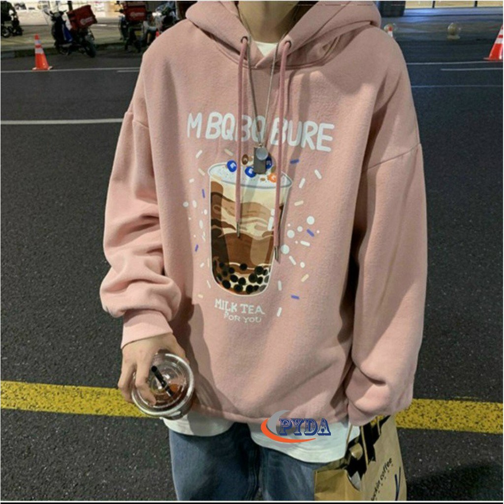 Áo Khoác Hoodie Nỉ Bông In Hình Trà Sữa Form rộng Unisex Nam Nữ Couple đều mặc được