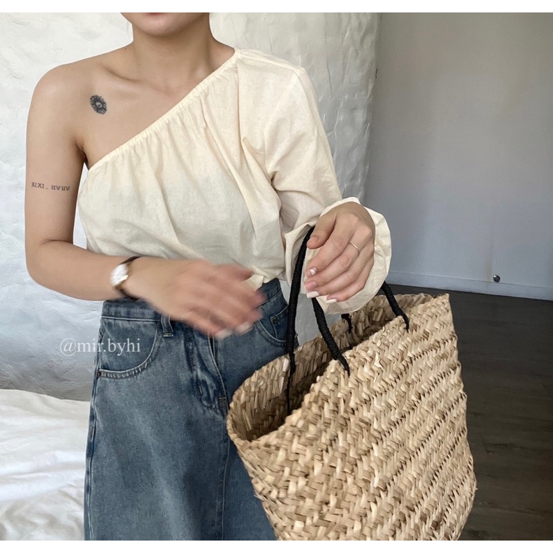 Mir byhi - Coli top: áo lệch vai - xương vai xanh - chất liệu linen