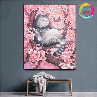 Tranh Tô Màu Theo Số - Tranh Sơn Dầu Số Hóa Tự Tô Mèo Bên Hoa Anh Đào