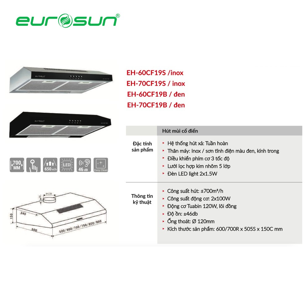 Máy Hút Mùi Cổ Điển EUROSUN EH-60CF19S | EH-70CF19S | EH-60CF19B | EH-70CF19B, Hàng Chính Hãng