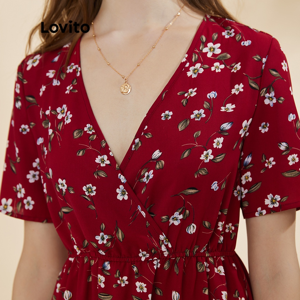 Đầm Lovito thường ngày in hoa tôn dáng cổ chữ V mùa hè L19D425 (màu đỏ)