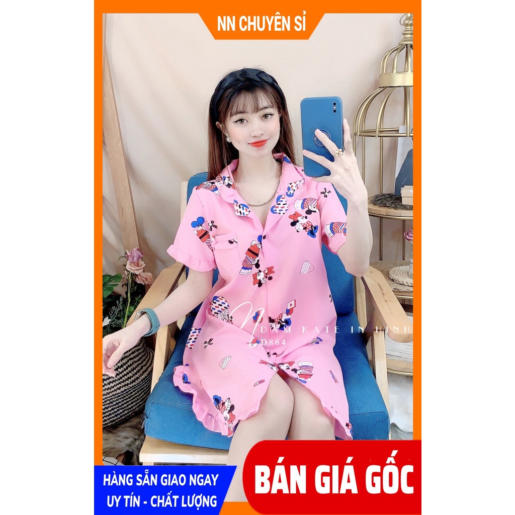Đầm ngủ nữ chất kate mềm mịn mát in hình chuột hoạt hình dễ thương D864