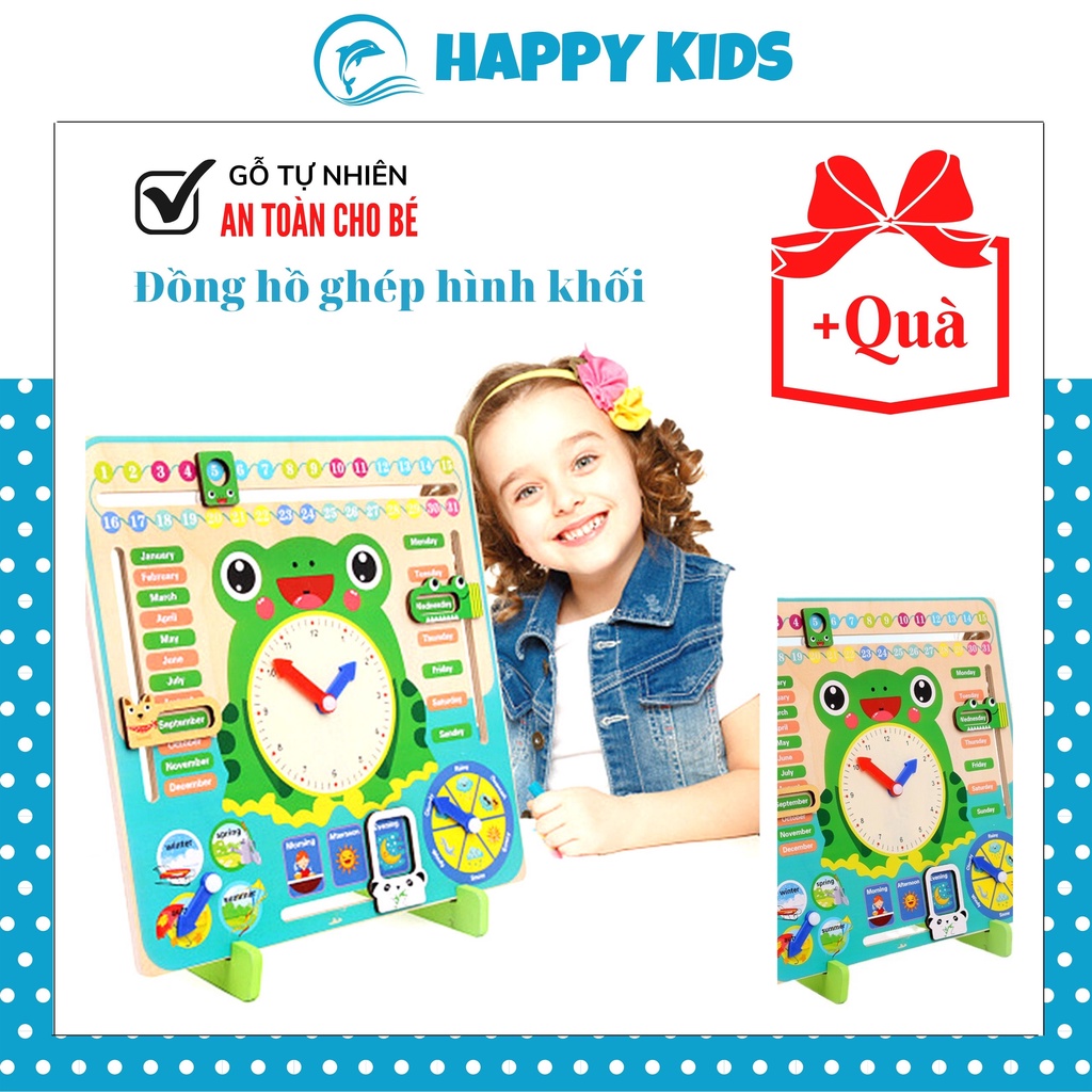 Đồng hồ gỗ con ếch xanh lịch đa năng 7 trong 1 học Tiếng Anh cho trẻ đồ chơi an toàn cho bé HAPPY KIDS247