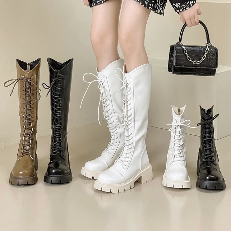 Boots martin nữ cổ V cao dưới đầu gối đan dây da mềm ôm chân đế răng cưa cao 5cm có khoá kéo