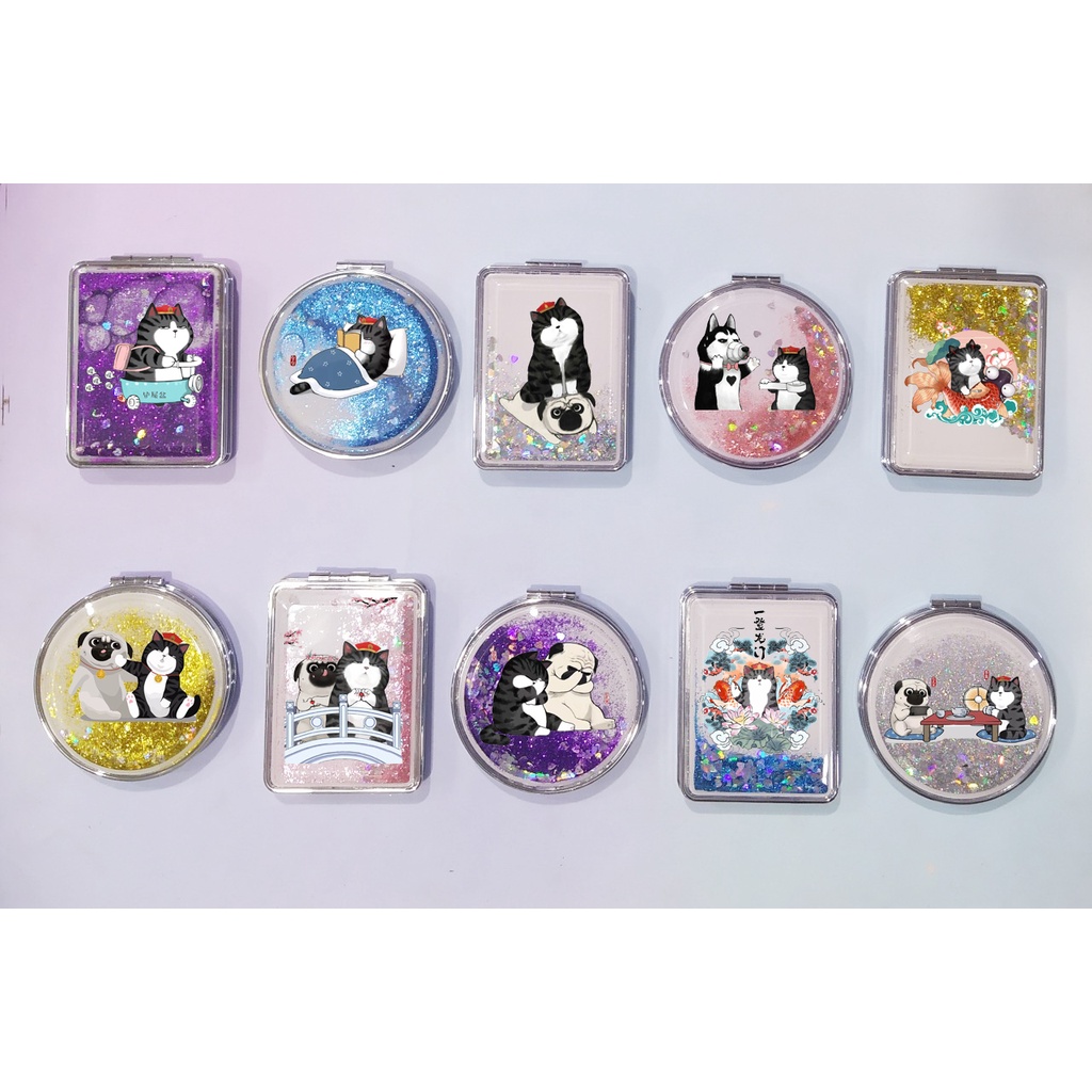 Gương nước chảy kim tuyến hoàng thượng mèo in hình GNI28  gương 2 mặt