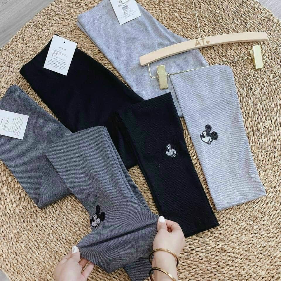 Quần legging nữ họa tiết thêu hình micky chất len tăm phối nhung siêu hách dáng, quần legging tập Yoga/thể thao dáng ôm