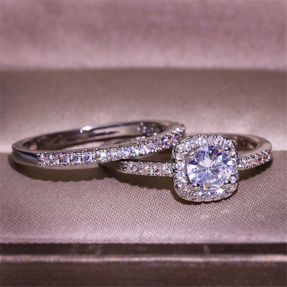 【sweet】2PCS woman fashion Retro Elegant Square Zircon Ring for party wedding Jewelry Set size 5-10
