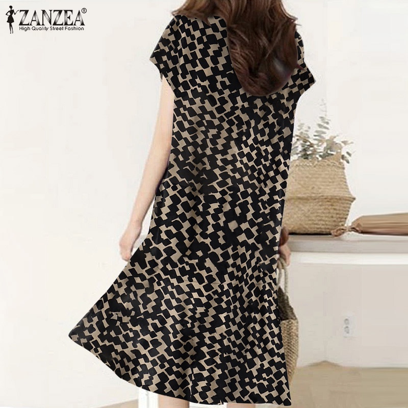 Đầm midi Zanzea tay ngắn cổ chữ V họa tiết da báo duyên dáng sành điệu cho nữ