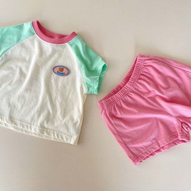 [Babycat] Hàng Có Sẵn Set Áo Thun Cotton Ngắn Tay + Quần Short Màu Sắc Tương Phản Phong Cách Hàn Quốc Nhật Bản Mùa Hè Cho Nam Và Nữ