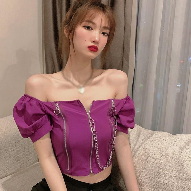 Áo Thun Lửng Tay Ngắn Có Khóa Kéo Thời Trang Cho Nữ