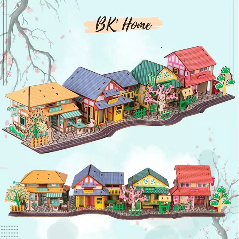 Đồ chơi lắp ráp 3D gỗ Birkeetoys bộ tứ mô hình nhà Nhật Bản gồm Food store, Izakaya, Tea Room và Akita Taiyaki
