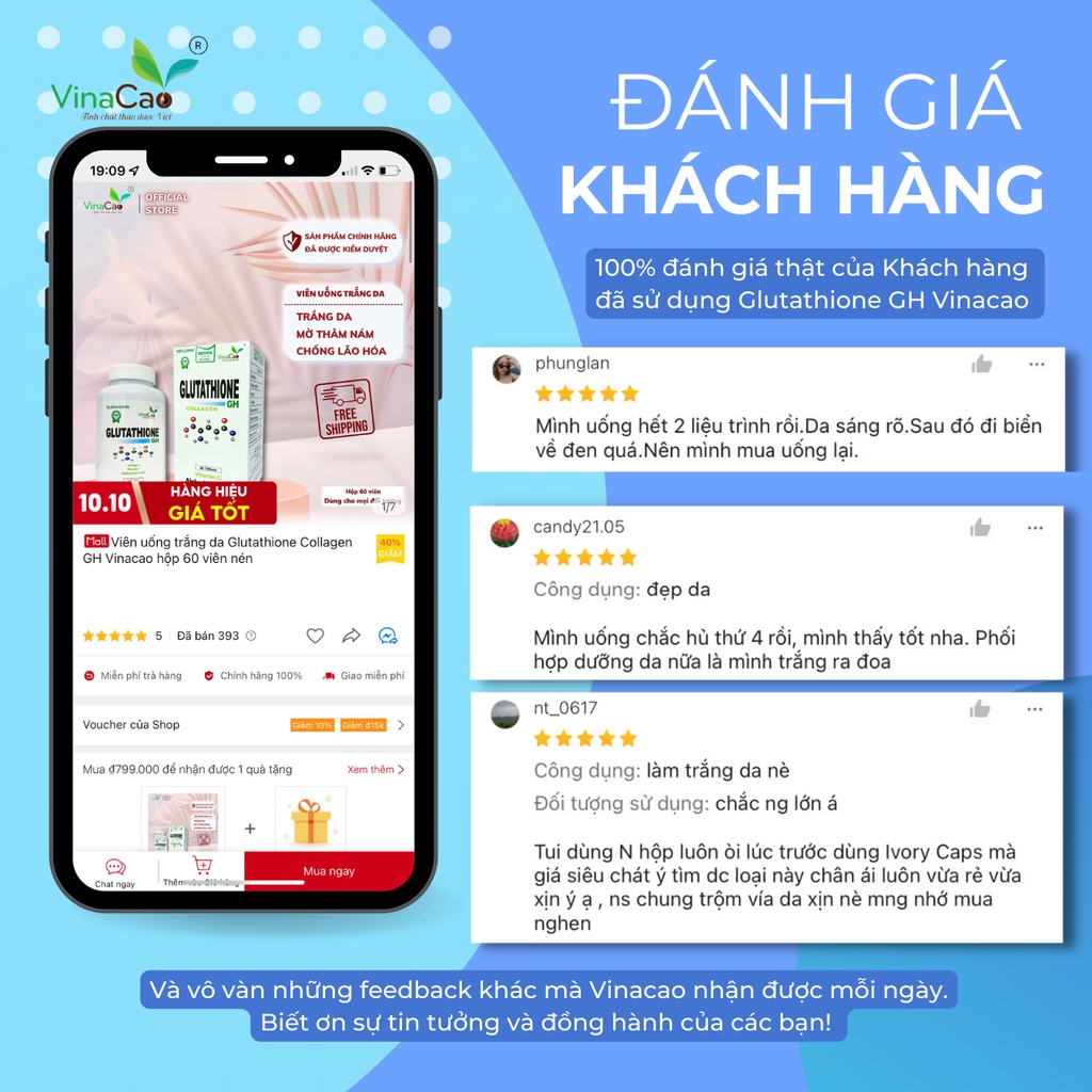 Viên uống trắng da Glutathione Collagen GH Vinacao hộp 60 viên nén
