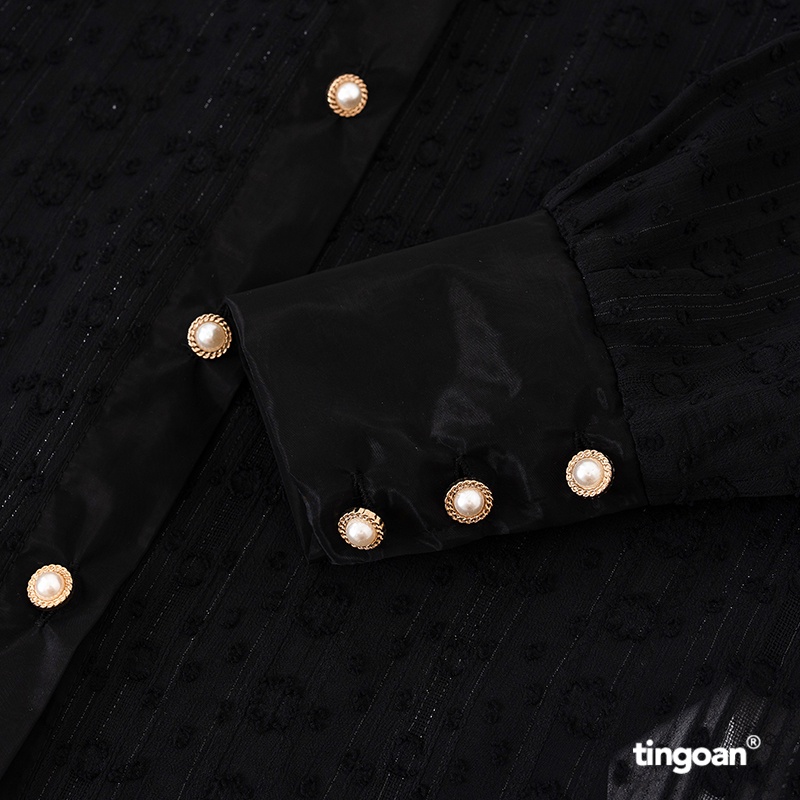 TINGOAN® - Áo somi xuyên thấu cổ đứng kèm dây phối bóng kính đen GLOSSIE BLOUSE/BL