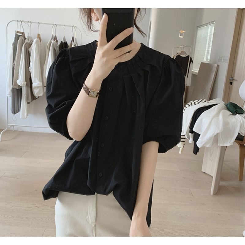 Áo Kiểu Cotton Tay Ngắn Phồng Cổ Tròn Dáng Rộng Thời Trang Mùa Hè Mới Cho Nữ