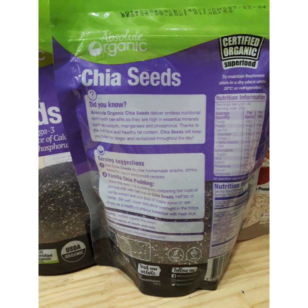 Hạt chia Úc tím Absolute Organic Chia Seeds - Túi 250 gr