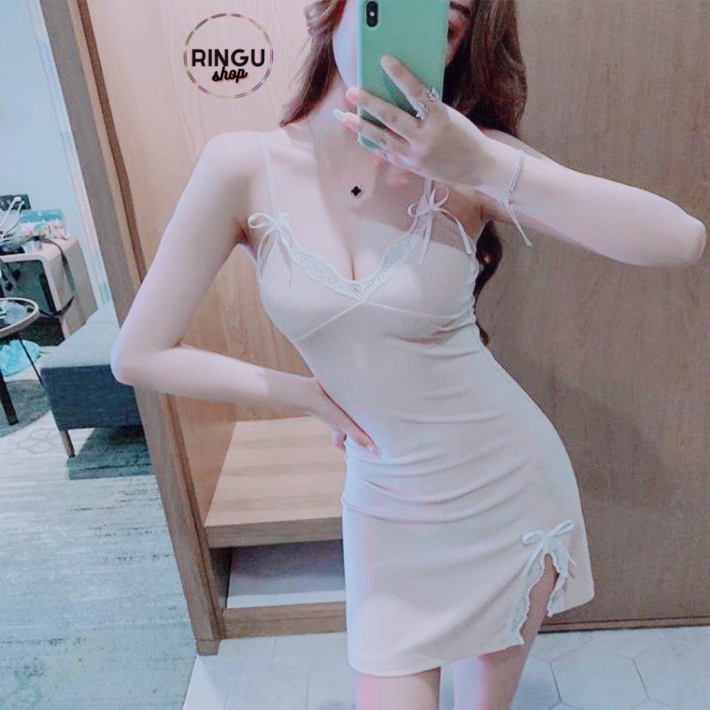 Đầm hai dây váy body xẻ đùi phối ren tặng kèm chip chất thun gân hình thật- ringu shop