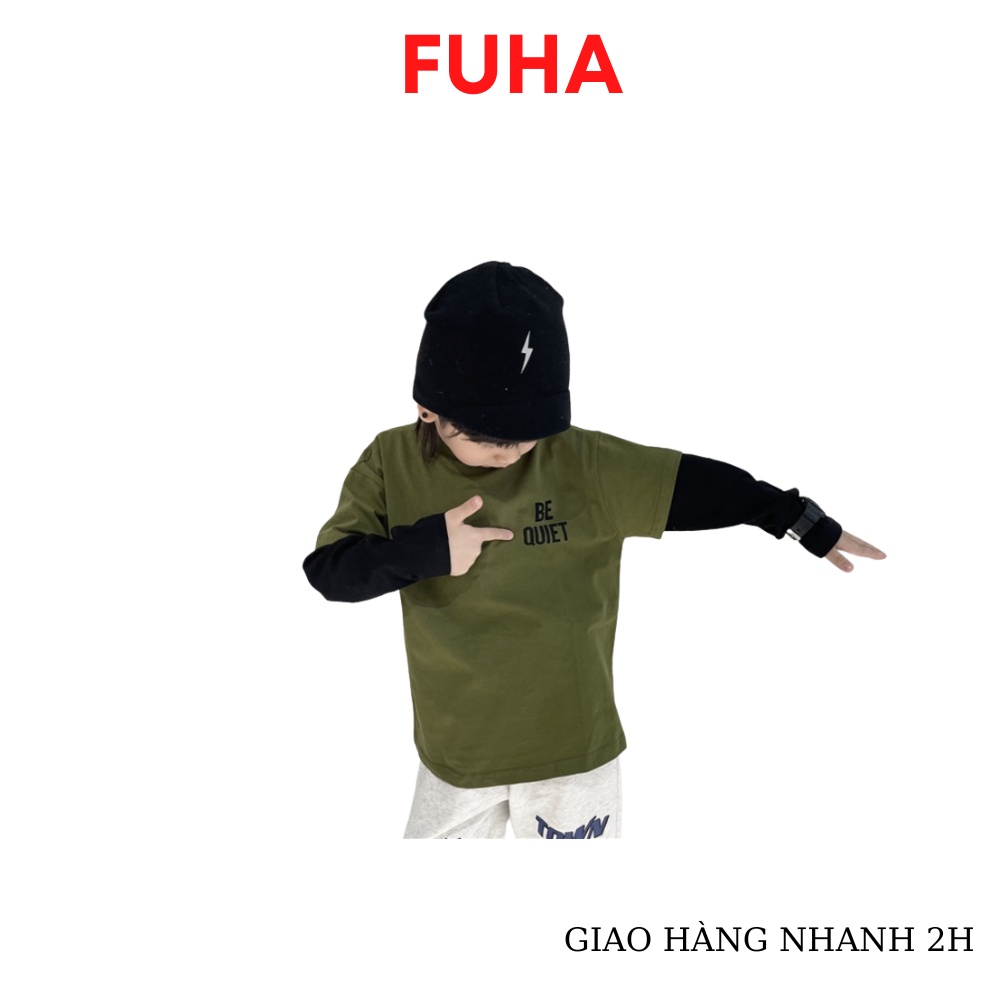 Áo phông dài tay cotton mịn cho bé FUHA, áo cổ tròn mùa thu 2022 in chữ bé 8kg đến 20kg
