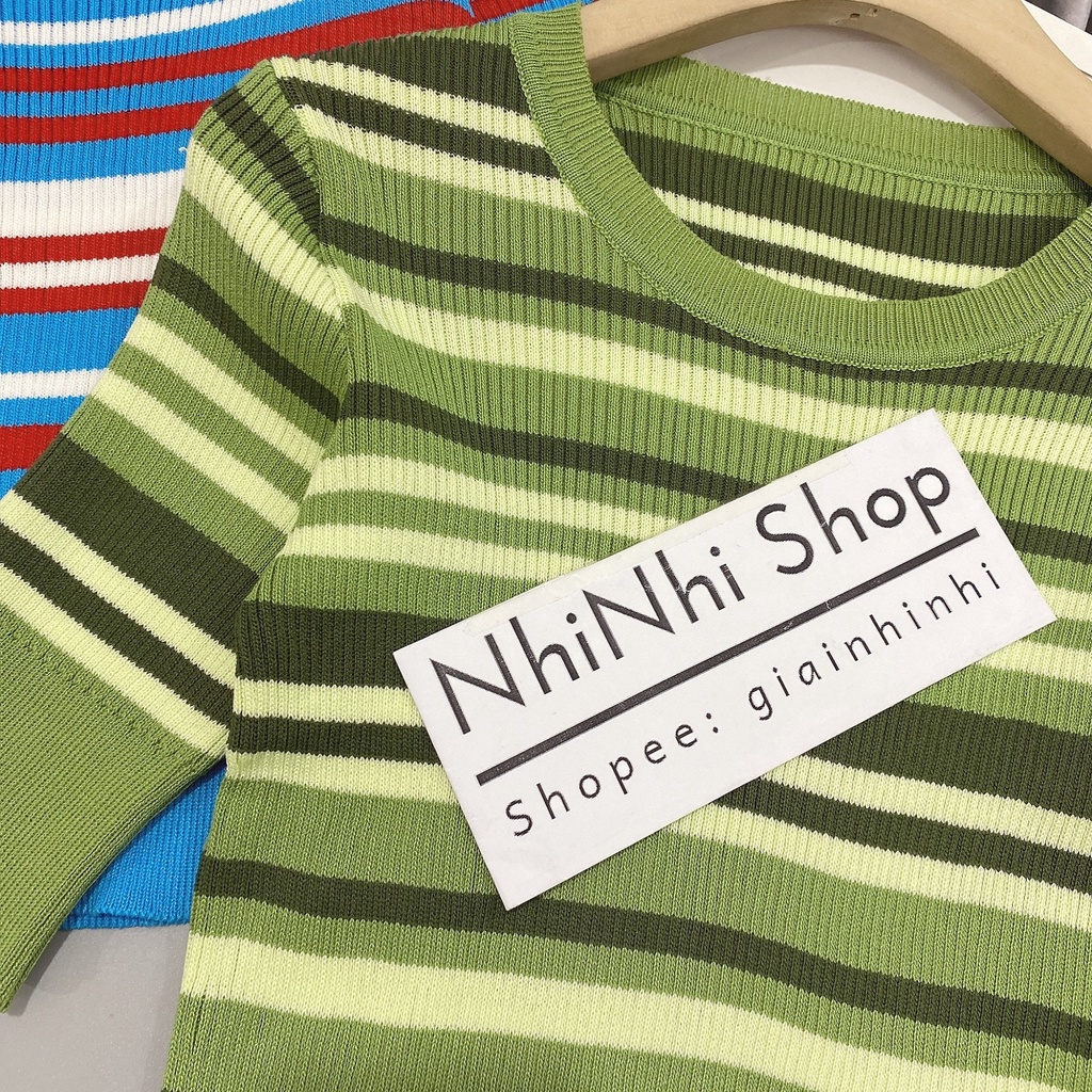 Áo len kẻ phối màu dáng ngắn bo eo cổ tròn tay cộc form croptop AL6014 - NhiNhi Shop