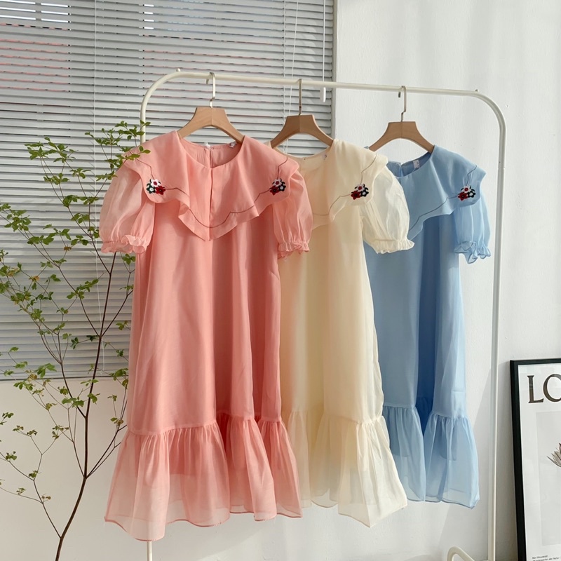 - Váy xòe tay bồng voan tơ vai có hoa thêu  tiểu thư ulzzang - M54 - jannahouse