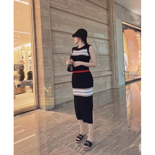 Đầm body len phối kẻ sọc Bbr xẻ tà dáng dài sát nách hàng QC
