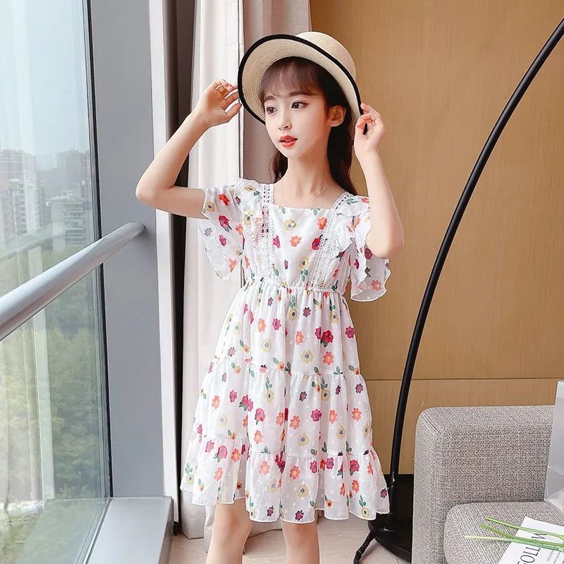 Đầm công chúa vải chiffon tay ngắn in hoa thời trang mùa hè 2021 cho bé gái