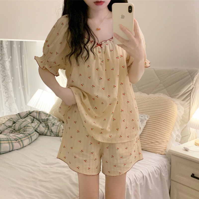 Set bộ mặc nhà bẹt vai cherry vàng quảng châu