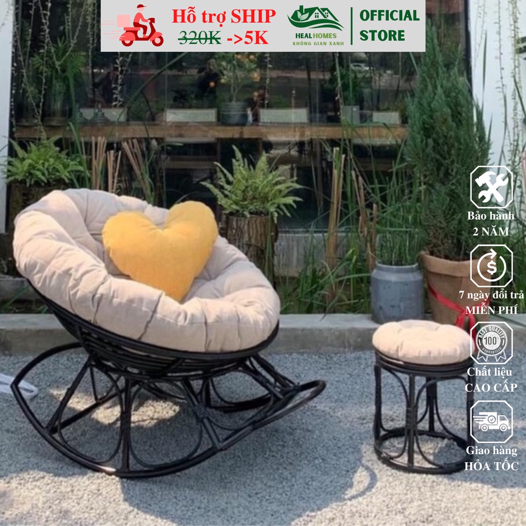 Ghế lười Papasan bập bênh thư giãn giả mây lõi thép không gỉ trang trí ban công hoặc phòng khách, phòng ngủ / HealHomes