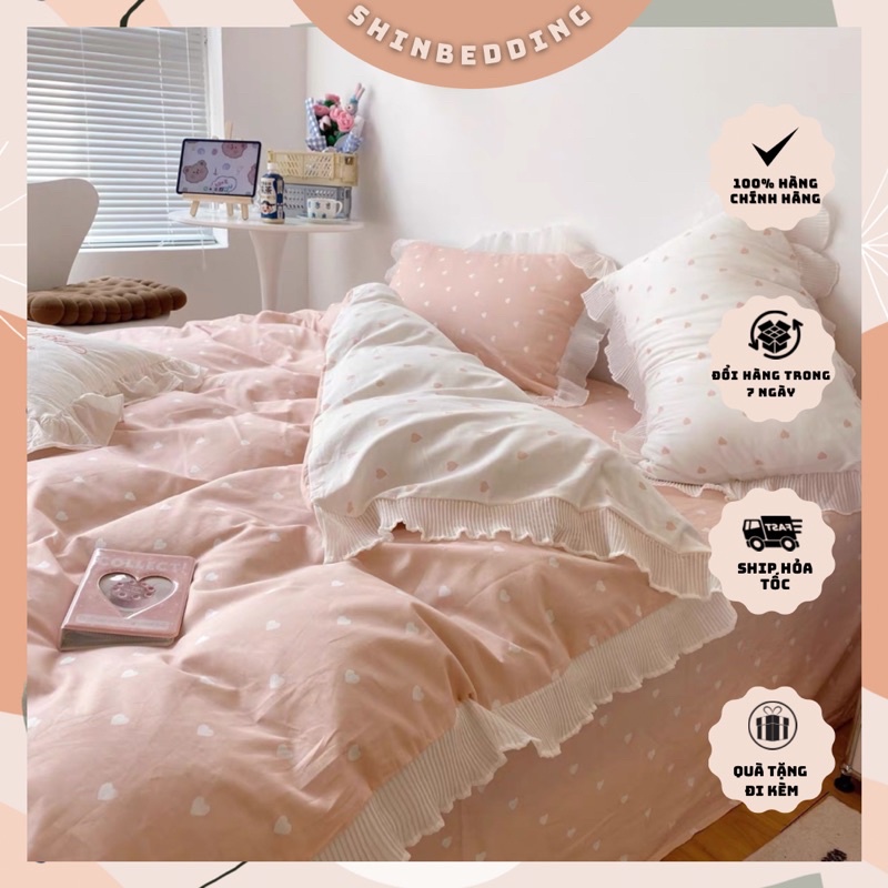 Set Chăn Ga Cotton Viền Bèo Tim Cực Sang Chảnh Dày Dặn Thoáng Mát 5 Mẫu Siêu Xinh (Shinbedding.shop)