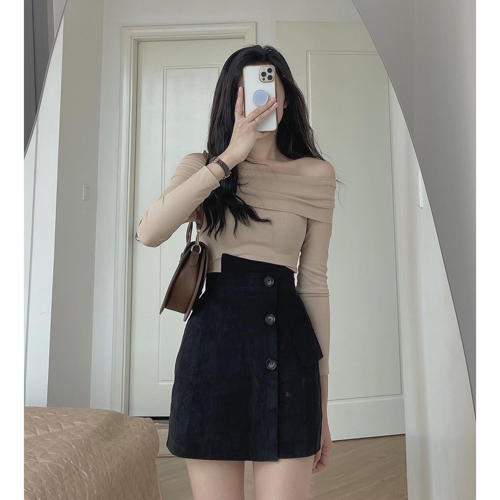 Áo kiểu nữ  áo trễ vai len tăm mùa thu đông ba màu đen be nâu dành cho nữ phong cách Hàn Quốc HOLA