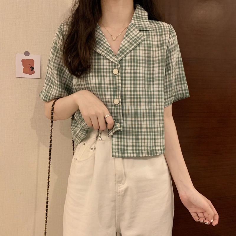 Áo Sơ Mi Ngắn Tay Kẻ Sọc Ca Rô Phong Cách Hồng Kông Thời Trang Mùa Hè Mới Cho Nữ 2022