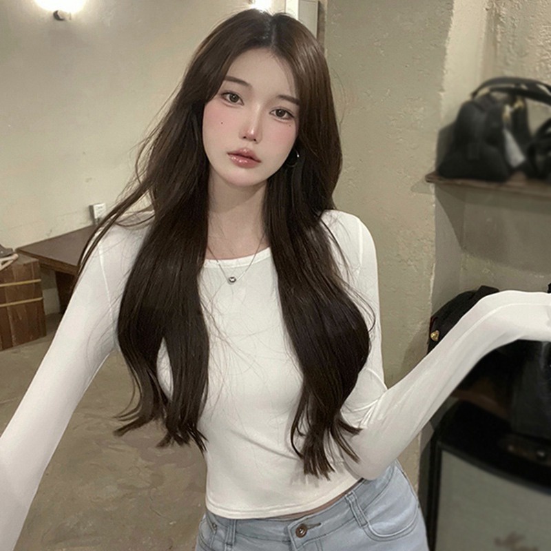 Áo Croptop Tay Dài Cổ Tròn Màu Sắc Đơn Giản Thiết Kế Hở Lưng Quyến Rũ