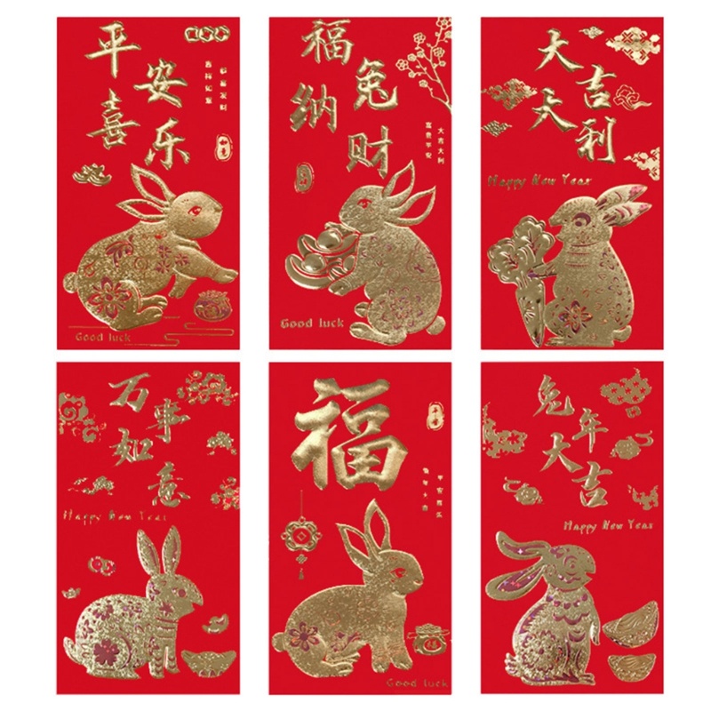 Set 6 Bao Lì Xì Đỏ Hình Thỏ Năm Mới 2023 Phong Cách Trung Hoa